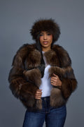 Women's Hailey Fox Fur Bomber With Headband [Brown]