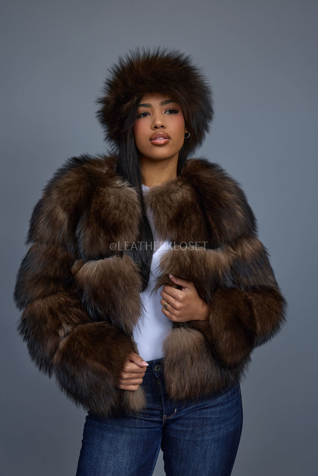 Women's Hailey Raccoon Fur Bomber With Headband [Brown]