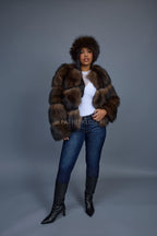 Women's Hailey Raccoon Fur Bomber With Headband [Brown]