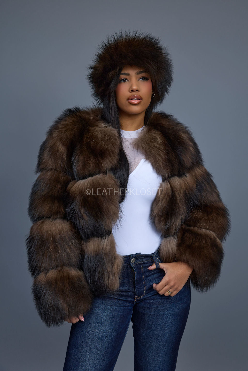 Women's Hailey Raccoon Fur Bomber With Headband [Brown]