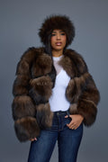 Women's Hailey Fox Fur Bomber With Headband [Brown]