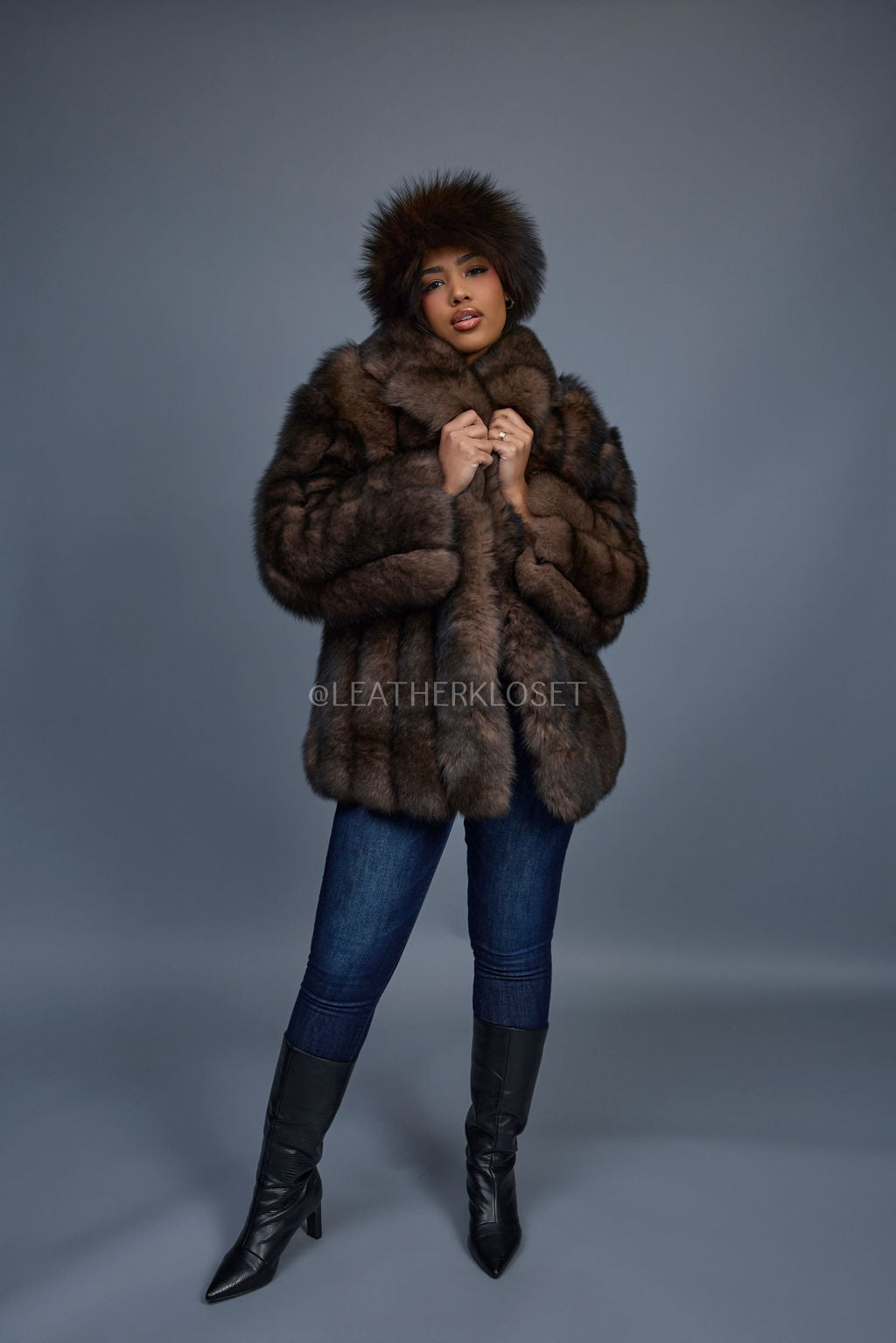 Women's Andrea Fox Parka Jacket With Headband [Brown]