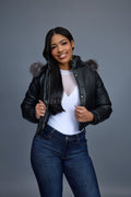 Women's Crop Leather Bubble Jacket [Black/Silver]