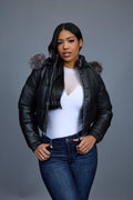 Women's Crop Leather Bubble Jacket [Black/Silver]