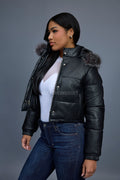 Women's Crop Leather Bubble Jacket [Black/Silver]