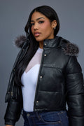 Women's Crop Leather Bubble Jacket [Black/Silver]