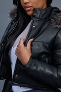 Women's Crop Leather Bubble Jacket [Black/Silver]