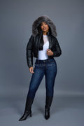 Women's Crop Leather Bubble Jacket [Black/Silver]