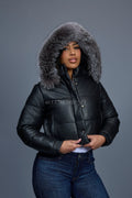 Women's Crop Leather Bubble Jacket [Black/Silver]