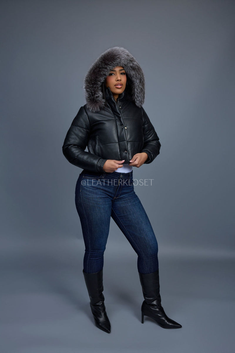 Women's Crop Leather Bubble Jacket [Black/Silver]