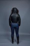 Women's Crop Leather Bubble Jacket [Black/Silver]