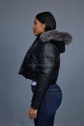 Women's Crop Leather Bubble Jacket [Black/Silver]