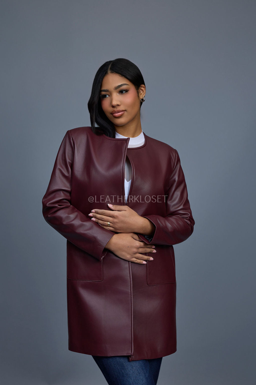 Women's Leather Cardigan [Burgundy]
