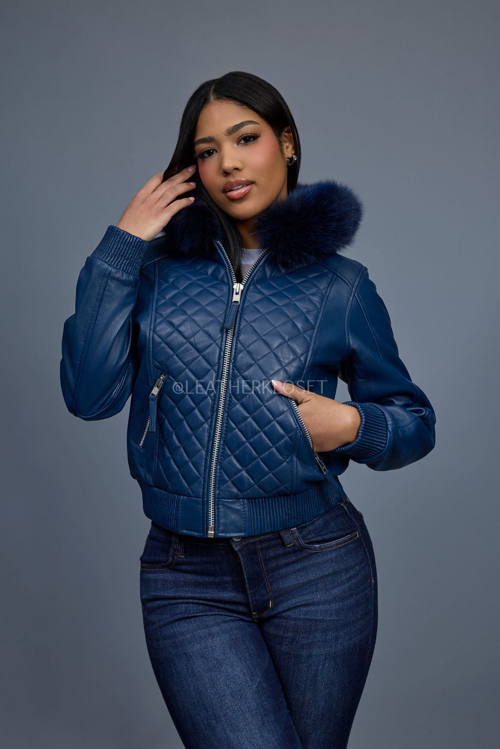Women's Lucas Jacket With Premium Fox Fur Hood [Navy]