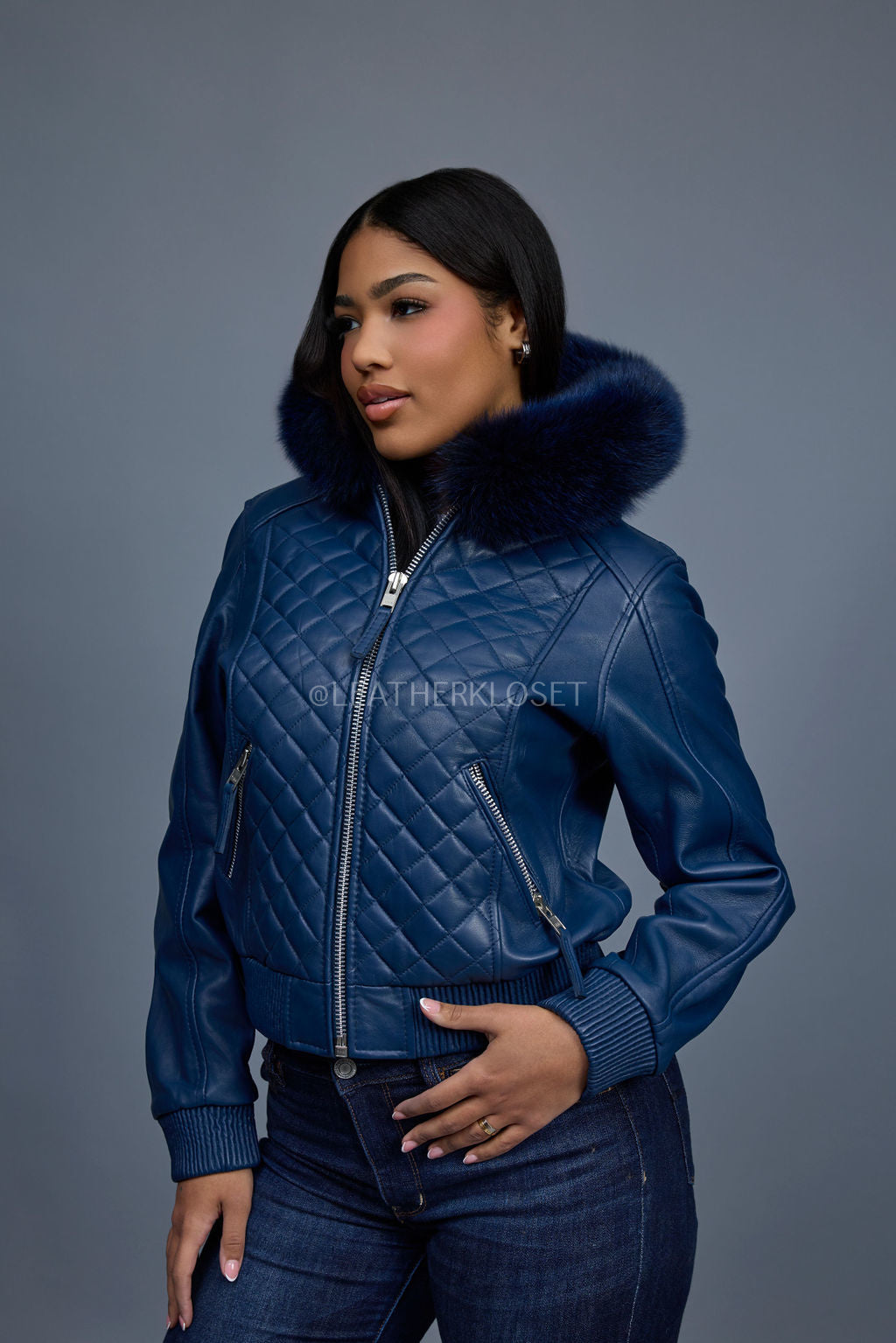 Women's Lucas Jacket With Premium Fox Fur Hood [Navy]