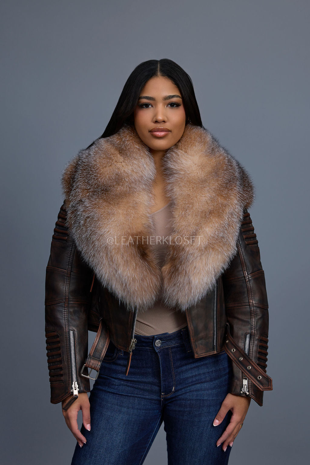 Women's Trey Biker Brown Copper Oversized Fox Collar [Crystal]
