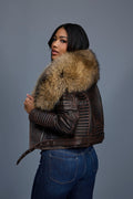 Women's Trey Biker Brown Copper Oversized Raccoon Collar