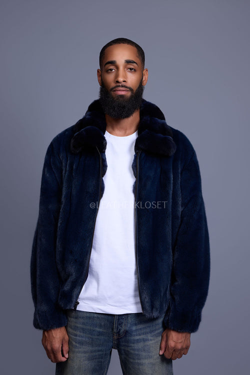 Men's Mink Bomber Jacket With Chinchilla Collar [Navy]
