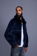 Men's Mink Bomber Jacket With Chinchilla Collar [Navy]