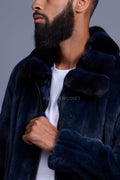 Men's Mink Bomber Jacket With Chinchilla Collar [Navy]