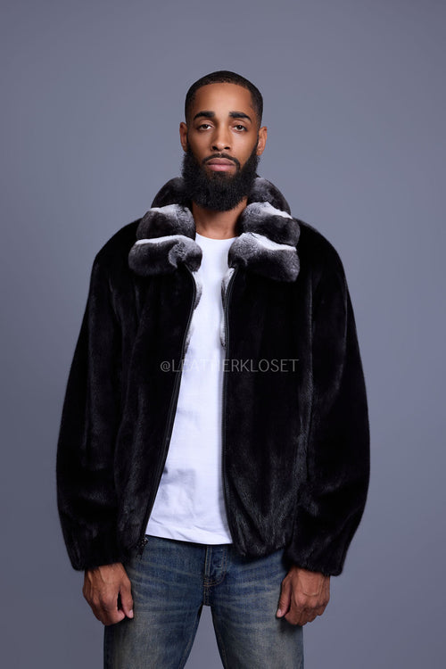 Men's Mink Bomber Jacket With Chinchilla Collar [Black]