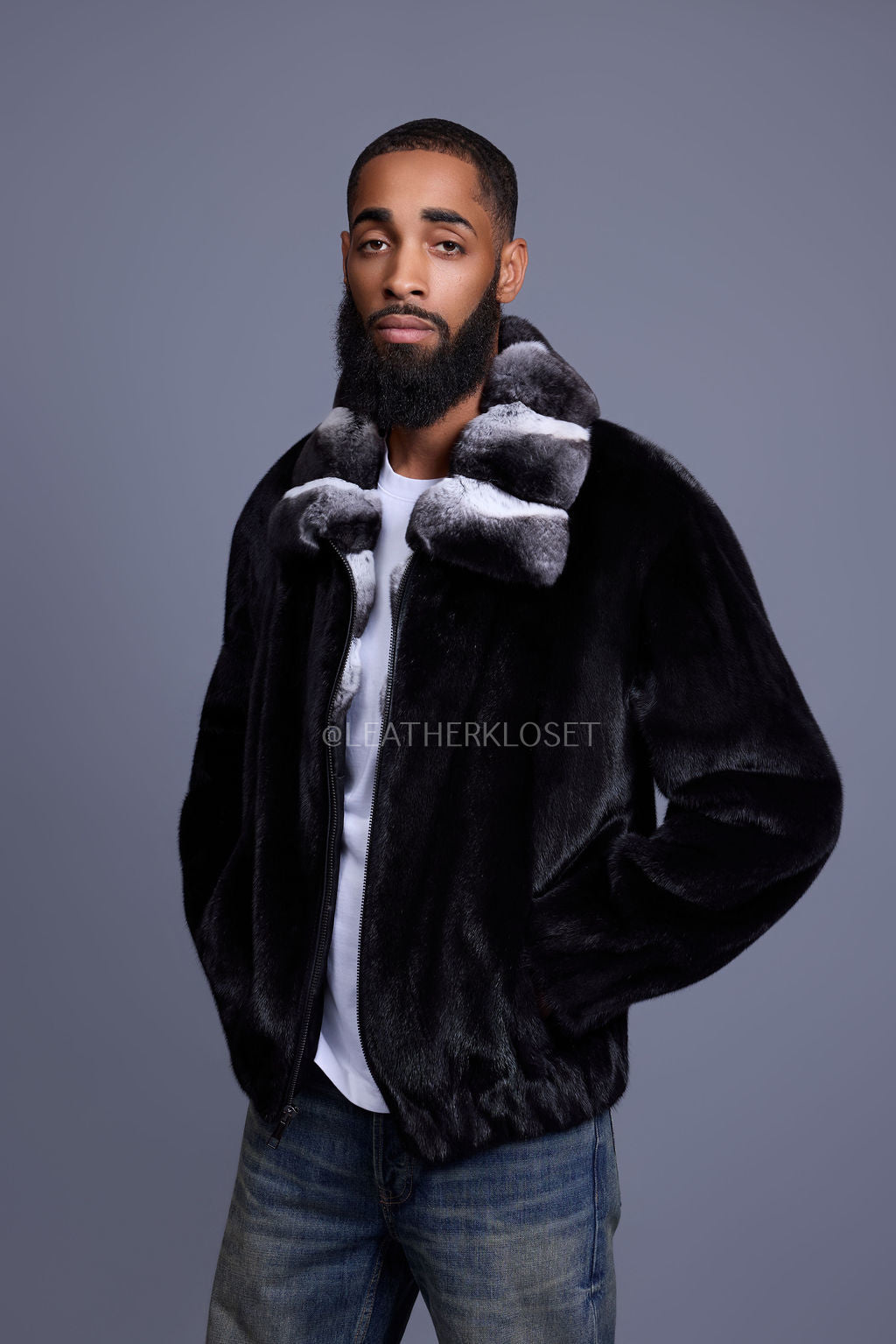 Men's Mink Bomber Jacket With Chinchilla Collar [Black]