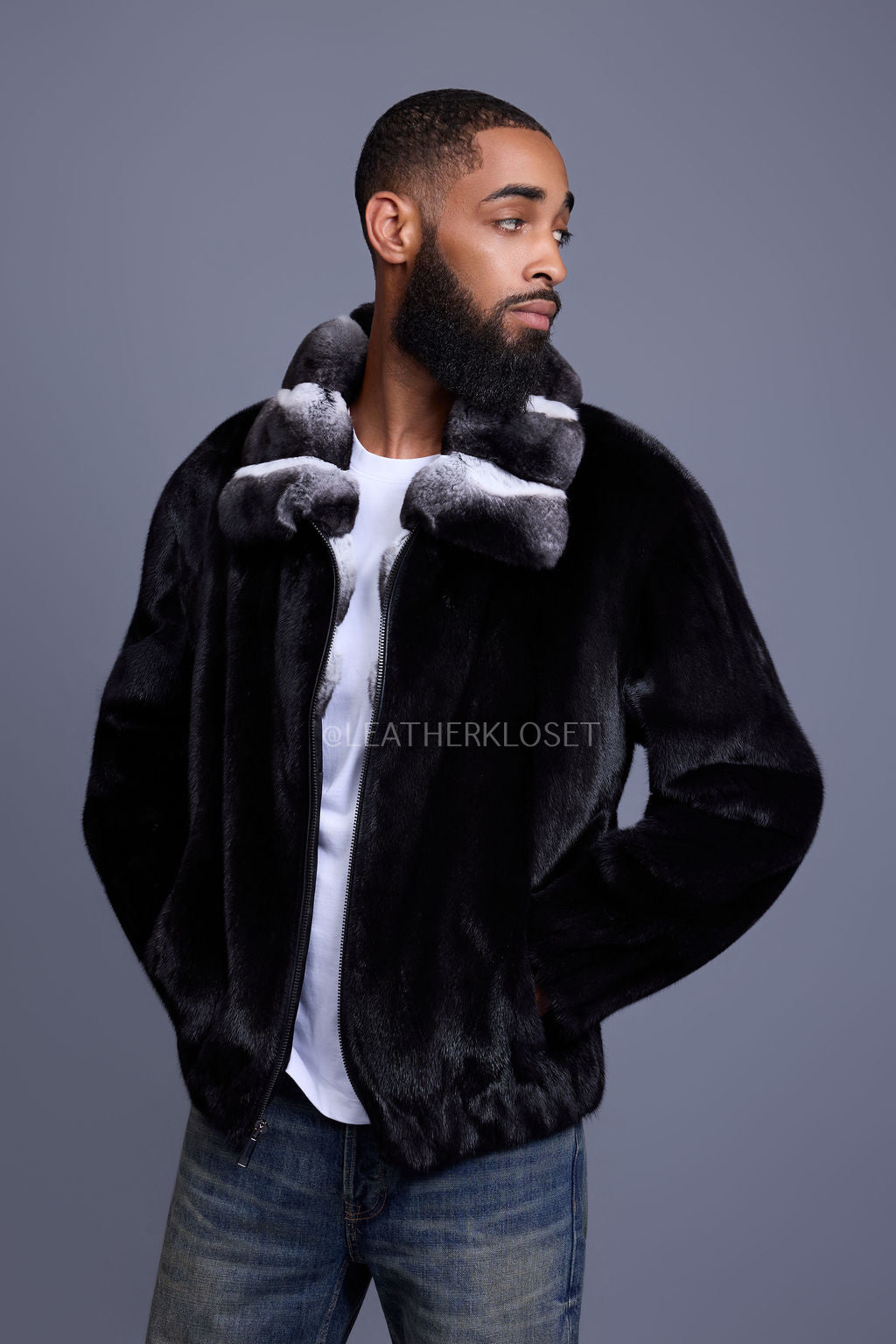 Men's Mink Bomber Jacket With Chinchilla Collar [Black]