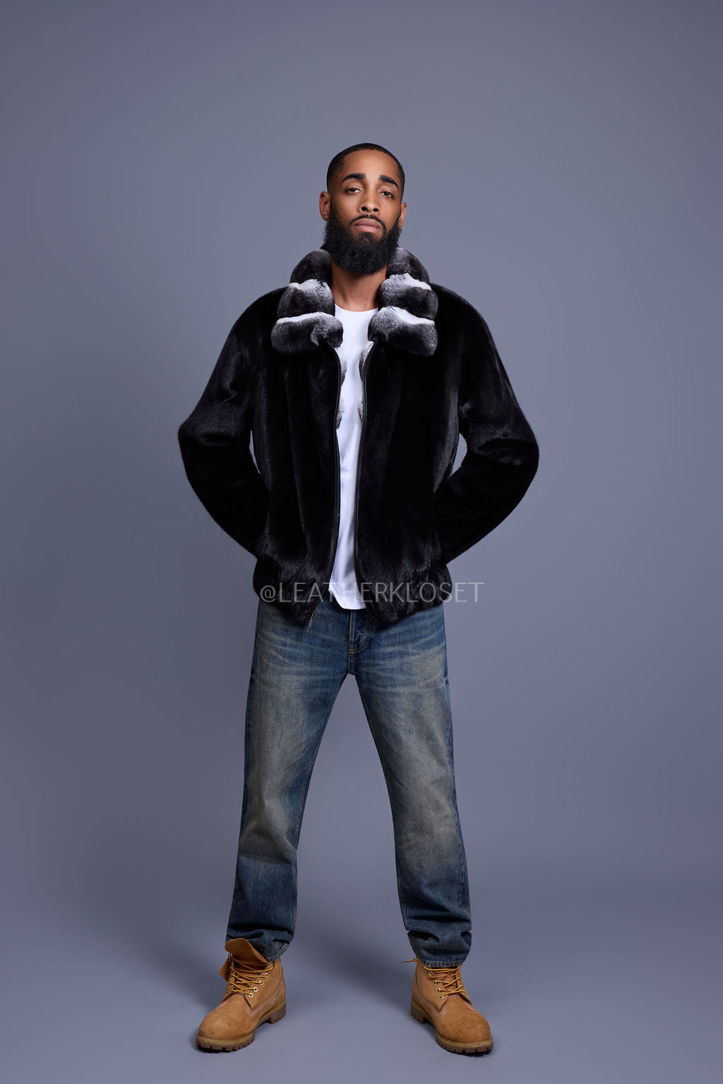 Men's Mink Bomber Jacket With Chinchilla Collar [Black]