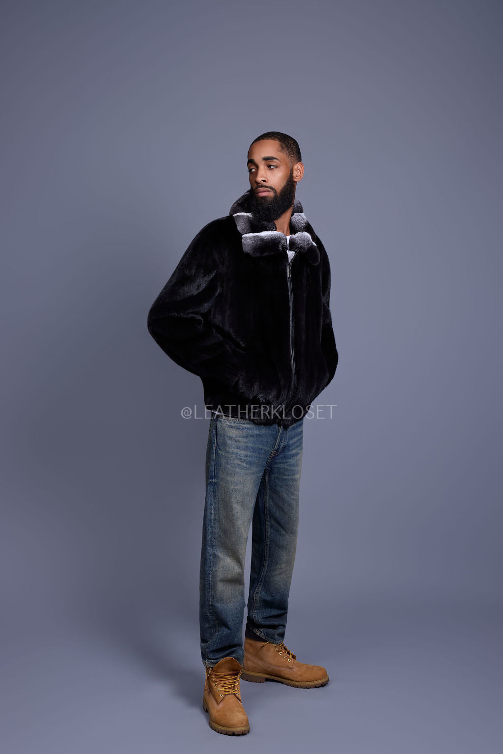 Men's Mink Bomber Jacket With Chinchilla Collar [Black]