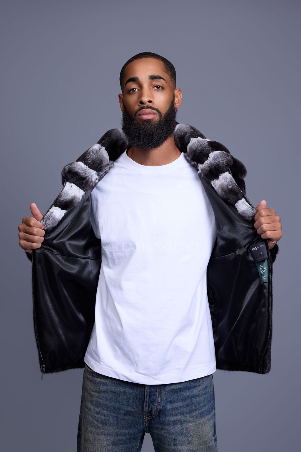 Men's Mink Bomber Jacket With Chinchilla Collar [Black]
