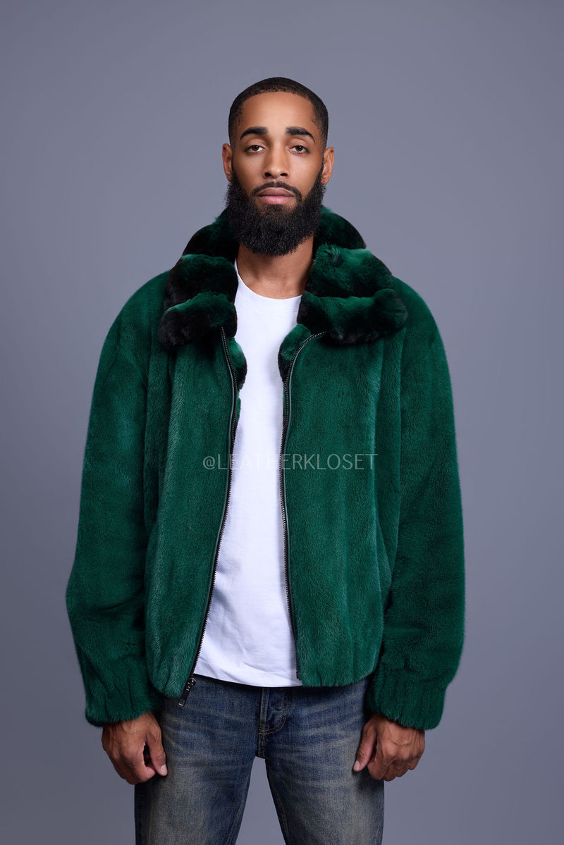 Men's Mink Bomber Jacket With Chinchilla Collar [Green]