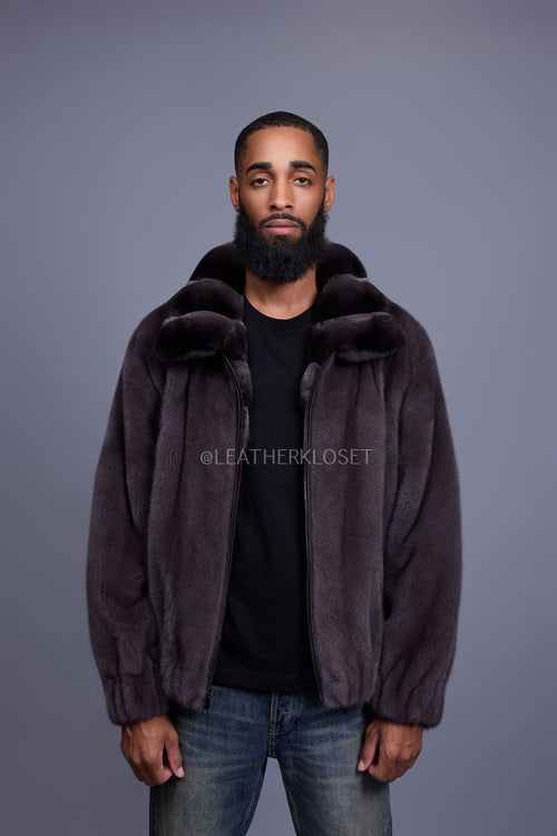 Men's Mink Bomber Jacket With Chinchilla Collar [Dark Grey]