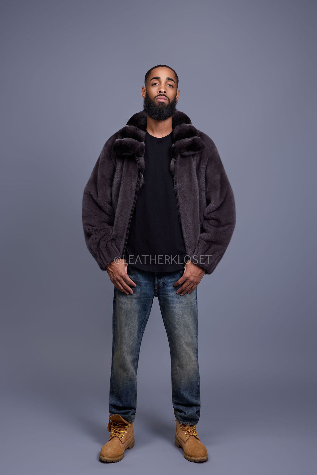Men's Mink Bomber Jacket With Chinchilla Collar [Dark Grey]