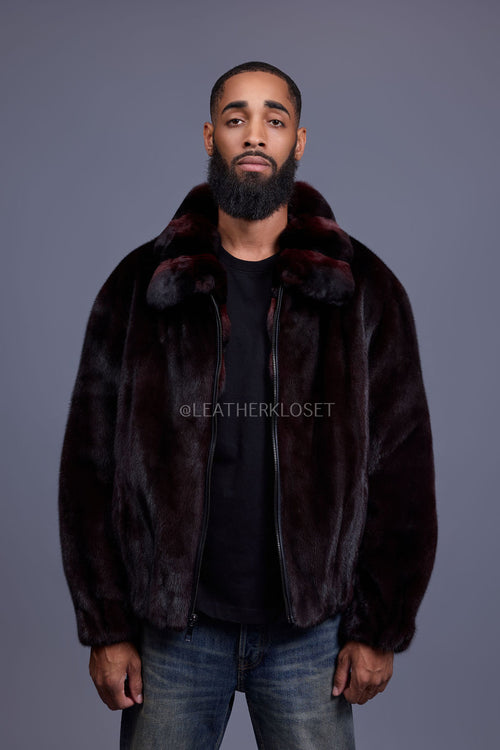 Men's Mink Bomber Jacket With Chinchilla Collar [Burgundy]