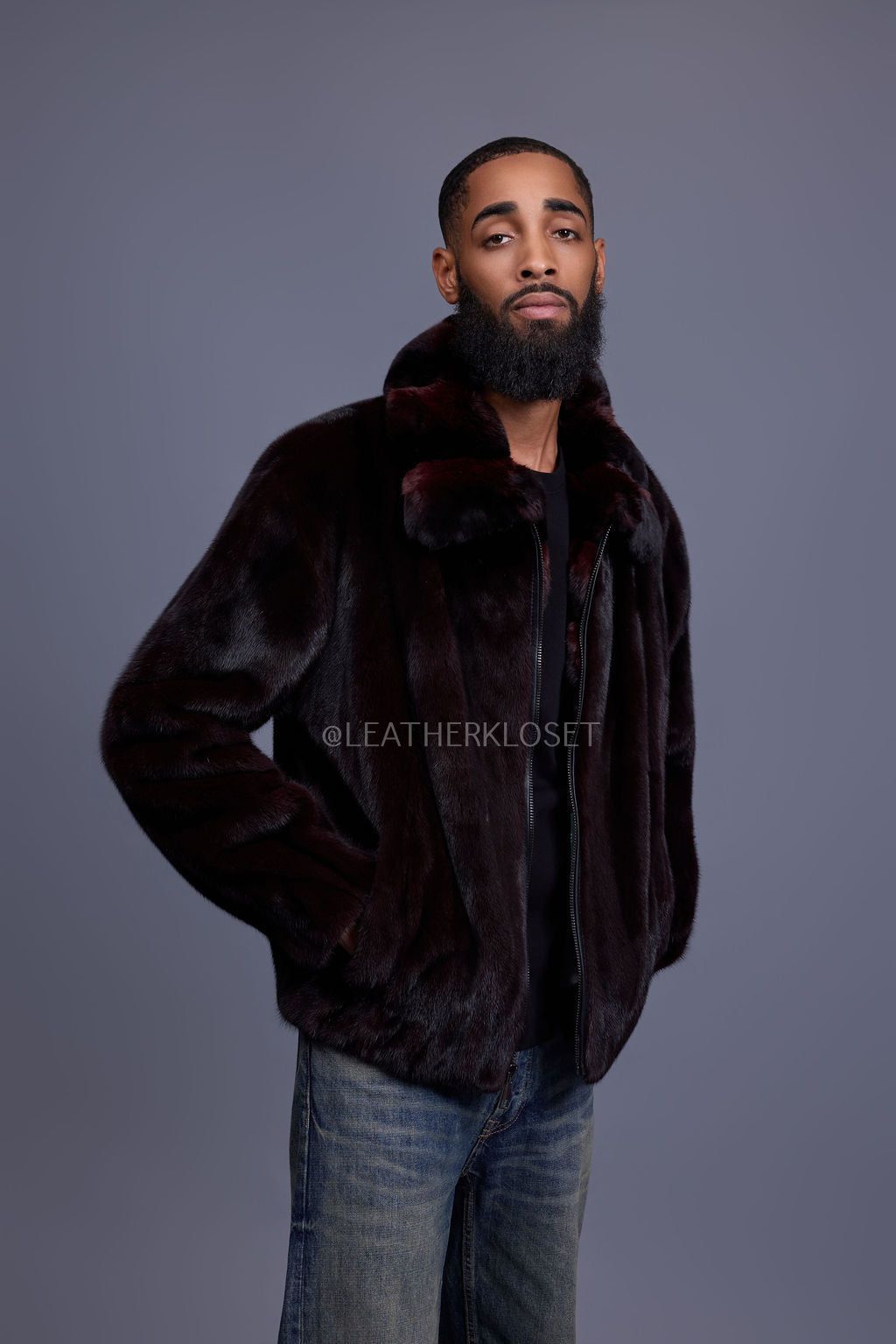 Men's Mink Bomber Jacket With Chinchilla Collar [Burgundy]