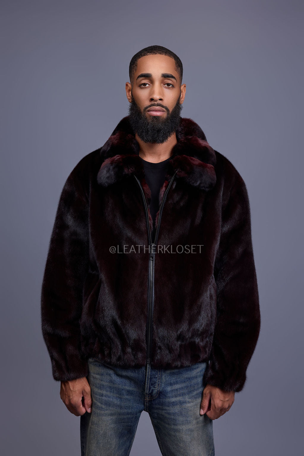 Men's Mink Bomber Jacket With Chinchilla Collar [Burgundy