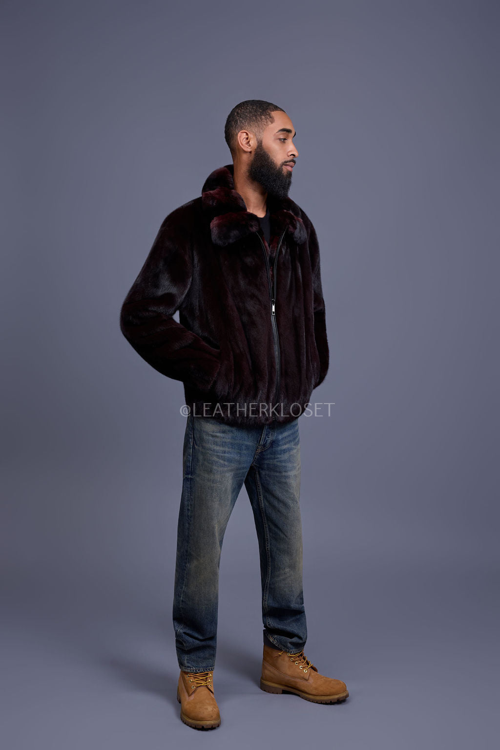 Men's Mink Bomber Jacket With Chinchilla Collar [Burgundy]