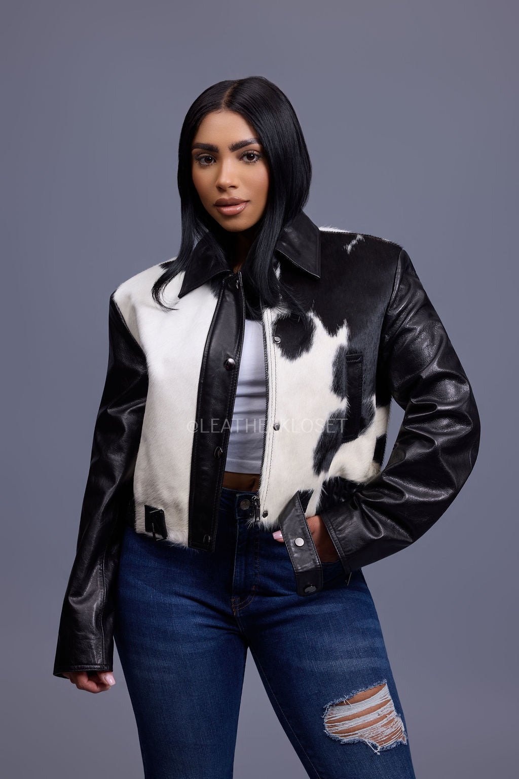 Women's Evie Cropped Pony Hair & Leather Bomber Jacket — Black/Beige