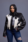 Women's Evie Cropped Pony And Leather Bomber Jacket [Black/Beige]