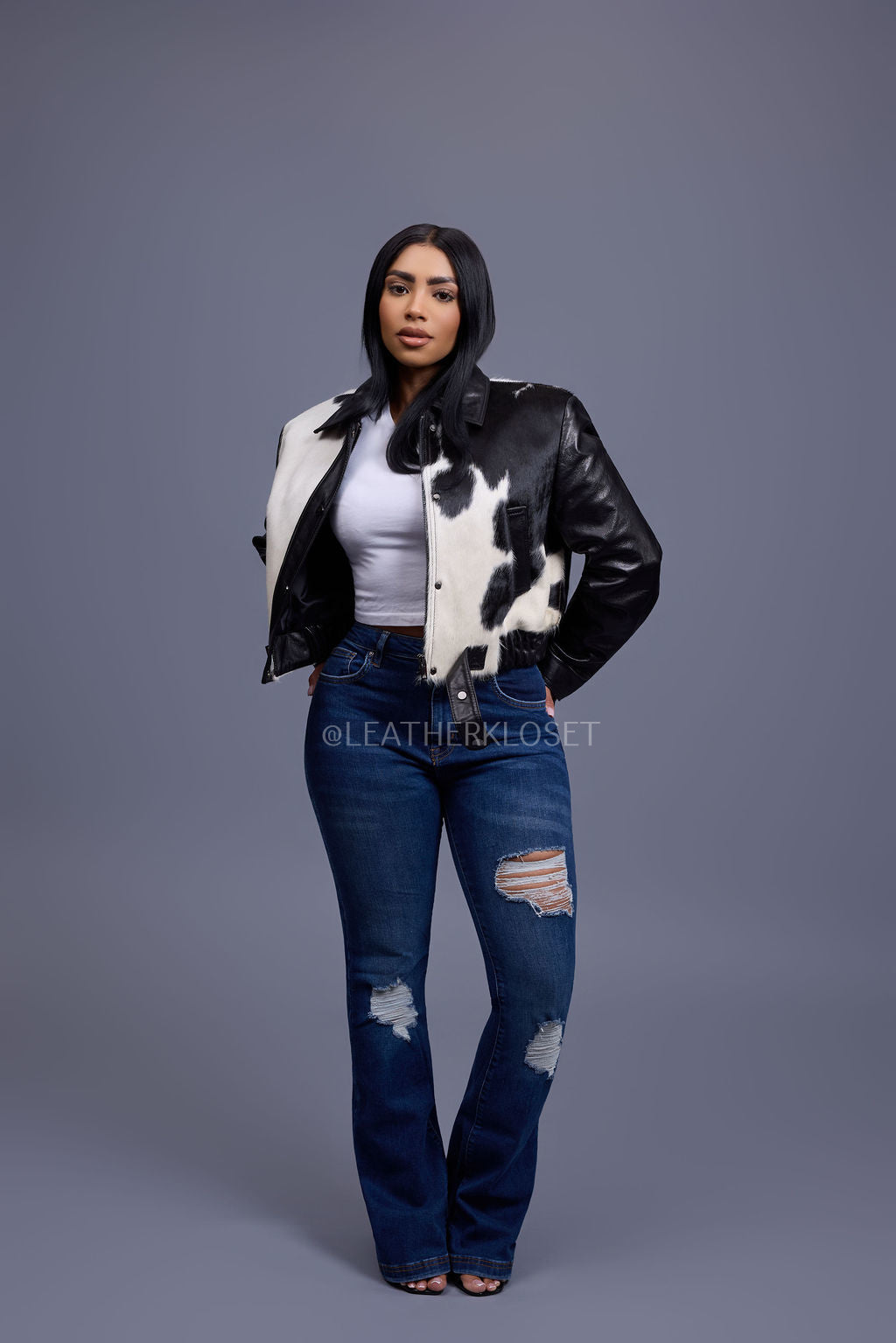Women's Evie Cropped Pony Hair & Leather Bomber Jacket — Black/Beige