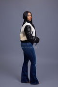 Women's Evie Cropped Pony And Leather Bomber Jacket [Black/Beige]