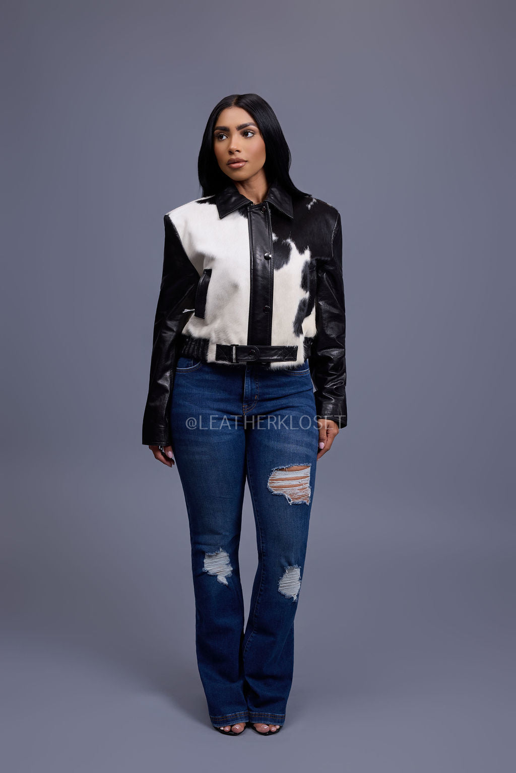 Women's Evie Cropped Pony Hair & Leather Bomber Jacket — Black/Beige