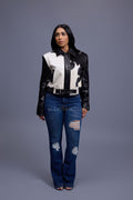 Women's Evie Cropped Pony And Leather Bomber Jacket [Black/Beige]