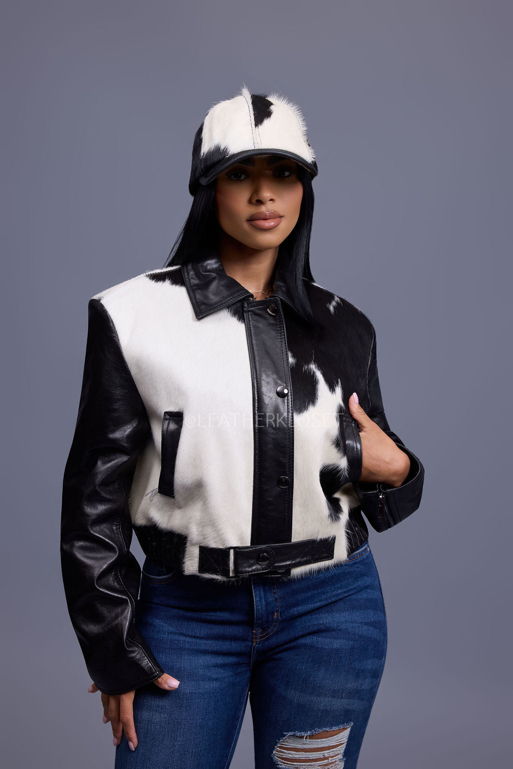 Women's Evie Cropped Pony Hair & Leather Bomber Jacket — Black/Beige