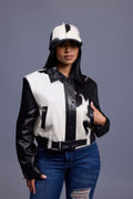 Women's Evie Cropped Pony And Leather Bomber Jacket [Black/Beige]