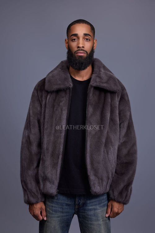 Men's Full Skin Mink Bomber Jacket With Collar [Dark Grey]