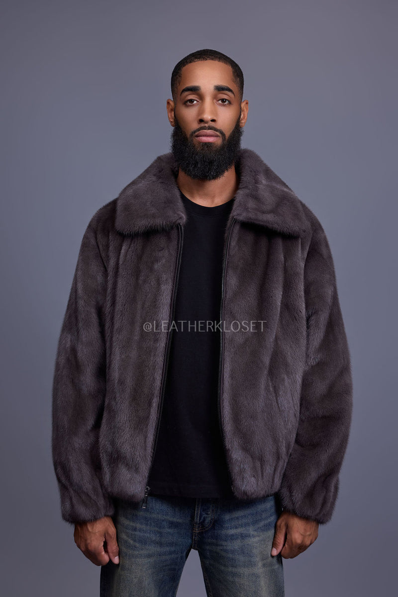 Men's Full Skin Mink Bomber Jacket With Collar [Dark Grey]