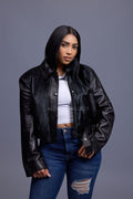 Women's Evie Cropped Pony And Leather Bomber Jacket [Black/Black]