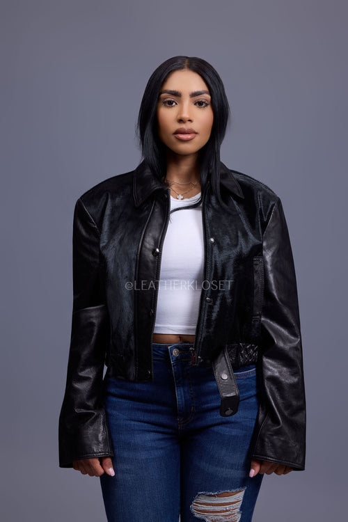 Women's Evie Cropped Pony And Leather Bomber Jacket [Black/Black]