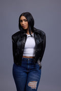 Women's Evie Cropped Pony And Leather Bomber Jacket [Black/Black]